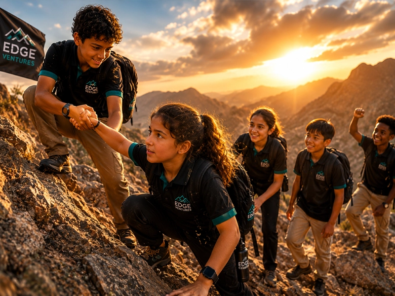 A student helping another up a rocky climb at sunset